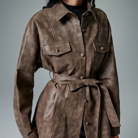 Brown Casual Women's Faux Leather Button Belted Long Sleeve Jacket - Picture 7 of 7